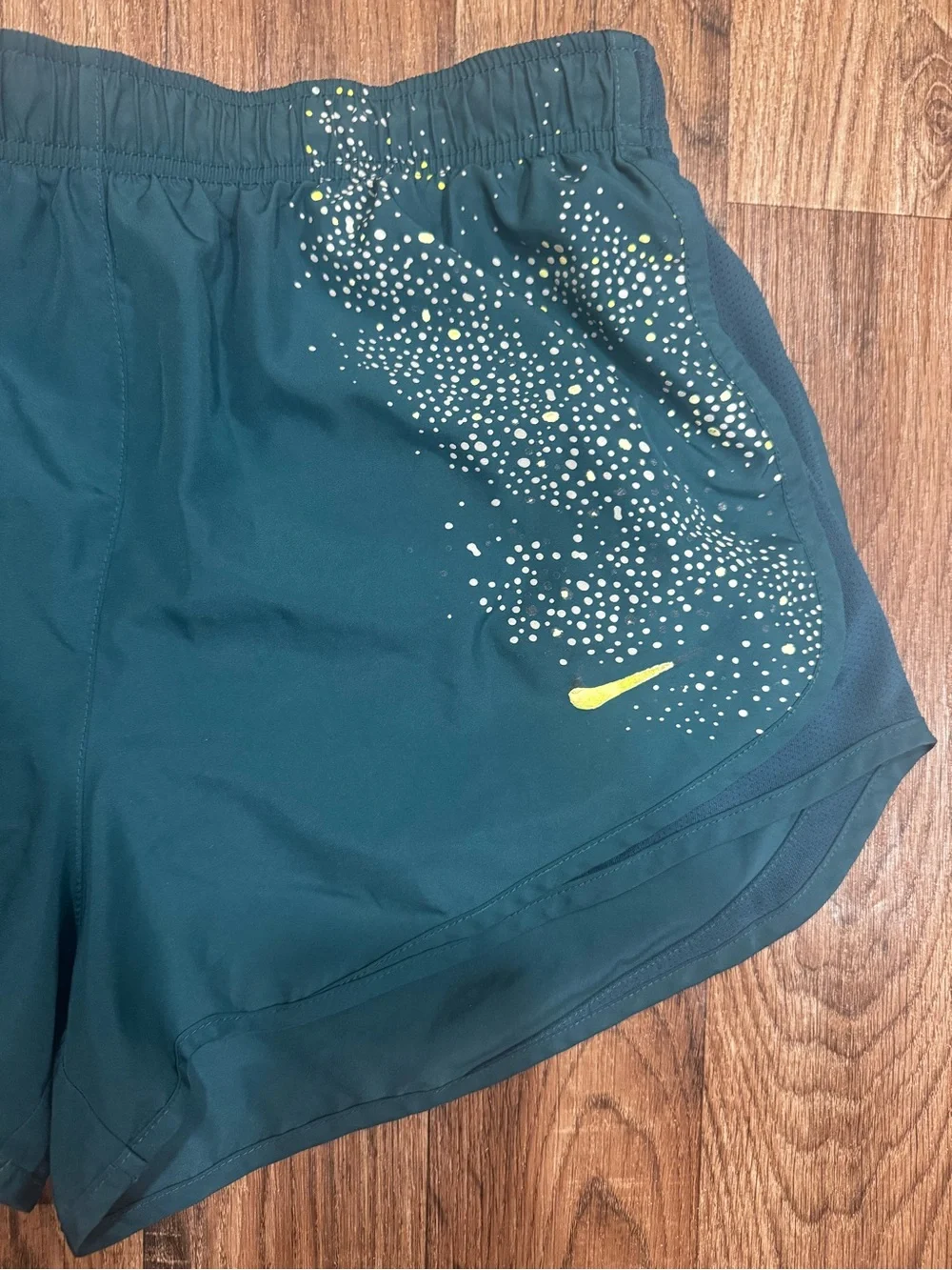 Nike Women's Large Teal Running Shorts with Yellow Accent - Picture 2 of 7